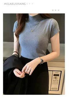 Camiseta feminina com gola meia-alta, blusa casual, estilo coreano, elegante, roupa de cor sólida, primavera e verão, moda na internet