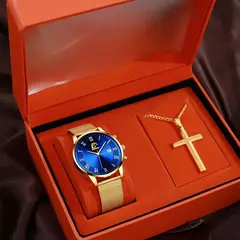Homens de aço inoxidável malha cinto relógio de quartzo, calendário relógios, colar masculino, relógio de pulso, ouro, luxo, negócios, moda, 2pcs set