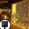 Impermeável Solar LED Curtain Light Decoração de guirlanda ao ar livre, luzes de corda, quintal, Natal, fada, luzes de corda, 300LEDs