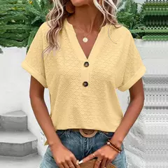 Imagem do Blusa feminina com botão monocromático com decote em v, camisas soltas, manga curta, tops femininos grandes, blusa jacquard casual, verão, nova moda, 2023