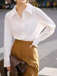 DUSHUI-Mulheres Manga Longa Polo Pescoço Blusa, Ombro Frontal, Camisas Commuter Branco, Decoração de Bolso, Camisa Feminina, 2 Cores, 24DS83323 - Wolf Magazine