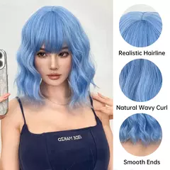 Céu azul perucas sintéticas curto ondulado bob peruca para mulheres resistente ao calor cosplay halloween uso diário cabelo natural com franja lolita - loja online
