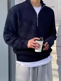 Pulôver de zíper com gola meia alta masculino, suéter de malha, jaqueta solta, roupa que combina com tudo, nova moda, primavera, outono, 2023