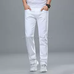 Imagem do SHAN BAO-Jeans slim branco masculino, roupa confortável de algodão, elástico, casual, leve, de negócios, primavera, verão, 2022