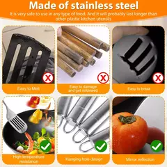 Utensílios de cozinha de aço inoxidável com alça ergonômica, Espátula resistente, Utensílios de colheres laváveis, Cozinha, 5pcs - Wolf Magazine
