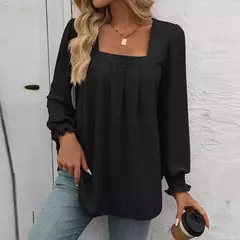 Camiseta feminina casual de manga comprida com gola quadrada, mangas folhada, design plissado, tops de pulôver, camisetas na moda