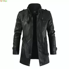 Inverno casaco de lã grossa casaco de couro longo outwear moda quente casual vintage roupas para homem steampunk biker jaqueta