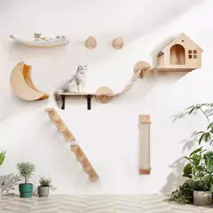 Prateleira de escalada para gatos, montada na parede, escada de quatro degraus com poste de arranhões de sisal para gatos, torre de árvore, plataforma, móveis para animais de estimação - loja online