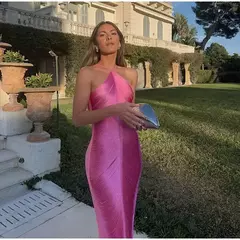 Borla feminina Shinny volta fenda Halter vestido de noite, vestidos longos sem mangas, sexy fora do ombro, vestido de festa chique feminino, moda na internet