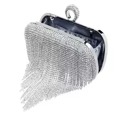 Embreagem de borla de diamantes brilhantes para mulheres, bolsa caixa de metal, bolsa de festa noturna, alça redonda, moda - comprar online