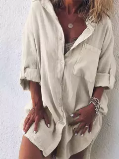Bolso de linho algodão feminino, botão de praia, manga comprida, confortável, plus size, casual, roupa de verão, nova moda - loja online