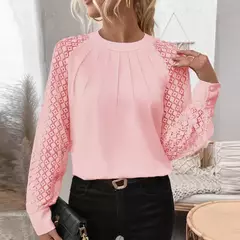 Blusa de Manga Longa Feminina, Tops Renda com Decote O, Camisa Branca, Design Plissado, Pulôver de Escritório, Moda, Outono na internet