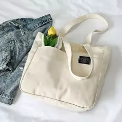 Sacola de lona monocromática para mulheres, designer, bolsa casual, bolsa de ombro, grande capacidade, algodão, reutilizável, praia, compras na internet