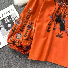 Blusa Bordada Manga Lanterna Longa com Decote V para Mulheres, Moda Casual, Camisas Vintage, Tops Femininos Minoritários, Drop Shipping, Outono - Wolf Magazine