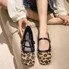 Sapatos casuais com estampa leopardo de toe quadrado para mulheres, sapatilhas femininas, sapatos Mary Jane ao ar livre, novo design