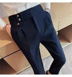 Calça formal de botão de cintura alta estilo britânico masculina, terno casual empresarial, calça de escritório, monocromática, alta qualidade, nova, primavera