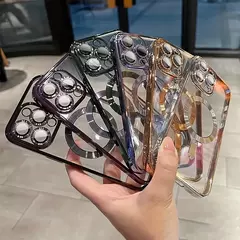 Capa transparente luxuosa com revestimento magnético para carregamento sem fio magsafe iphone 11 12 13 14 15 16 17 pro max air plus capa à prova de choque - comprar online