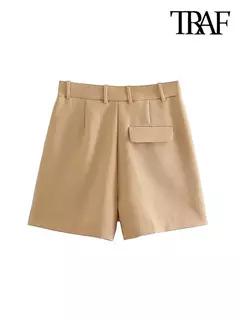 TRAF-Bermudas de cintura alta para mulheres, bolsos laterais, dardos dianteiros, vintage, com zíper, calças curtas femininas, moda na internet
