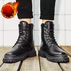 Meia bota casual de couro PU masculina, sapatos de segurança preto, primavera, inverno, tendência - loja online
