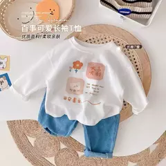 Camiseta infantil de manga comprida, algodão puro, camisa base, desenho animado estampado, primavera e outono, bebê, meninos e meninas na internet