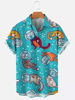 Camisa havaiana dos desenhos animados de anime masculino, Tops de manga curta, roupas casuais masculinas, rua, animais, gatos, retrô, 3D Tees, verão - Wolf Magazine