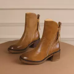 Botas de plataforma chelsea para mulheres, salto robusto, dedo do pé redondo, marrom, ankle boots, salto alto, couro, ao ar livre, novo - Wolf Magazine