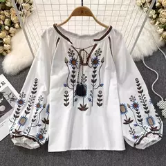 Blusa Bordada Manga Lanterna Longa com Decote V para Mulheres, Moda Casual, Camisas Vintage, Tops Femininos Minoritários, Drop Shipping, Outono na internet
