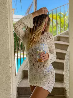 Mini vestido de praia boho sem encosto para mulheres, manga comprida, gola redonda, oco, malha, coberturas de biquíni, férias de verão
