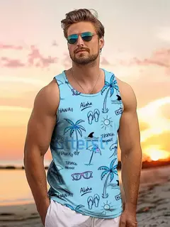 Tops soltos estilo havaiano masculino, colete de férias lazer, viagem ao ar livre, confortável, casual, estampa do sol na internet