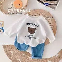Camiseta infantil de manga comprida, algodão puro, camisa base, desenho animado estampado, primavera e outono, bebê, meninos e meninas