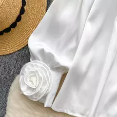 Imagem do Elegante cetim tridimensional flor manga longa lapela blusa chique vintage moda colheita topo feminino camisas de outono roupas