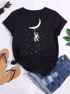 Camiseta feminina casual de manga curta com gola redonda, streetwear feminina, tops vintage, camiseta Maycaur, estampada com planeta lunar, moda camisetas - comprar online
