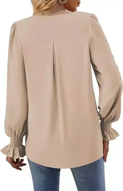 Nova camisa feminina de chiffon de cor sólida com decote em v pulôver queimado manga comprida camisa superior senhora do escritório elegante cáqui blusas soltas - loja online