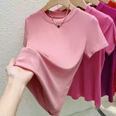 Camiseta de manga curta de gola redonda feminina, blusa casual, camiseta monocromática, plus size, roupas sexy e finas, moda verão na internet