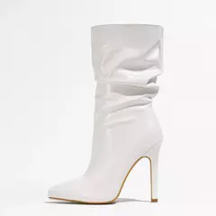 Botas femininas de couro envernizado plissado, dedo apontado feminino, cavaleiro com zíper, salto alto curto para passarela, inverno, 2022 - loja online