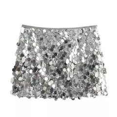 Imagem do TRAF-minissaia de lantejoulas prateadas para mulheres, cintura alta, brilho brilhante, saias curtas elegantes, moda Y2K, 2024