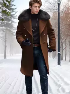 Casaco Casual de Lã dos homens europeus e americanos, outono e inverno, sobretudo de gola de pele trespassado dos homens jovens, S-5XL - loja online