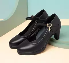 Bombas plataforma de salto bloco para mulheres, salto alto com fivela, sapatos femininos, elegantes sapatos pretos de escritório, primavera, outono, 2023