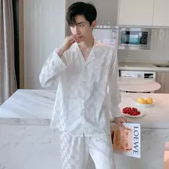Conjunto de pijama de seda fino masculino, manga comprida e calça curta, pijama, calça para dormir na internet