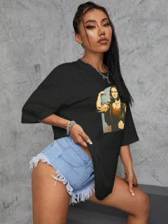 Imagem do Camiseta de algodão de manga curta feminina, estampa fitness, extragrande, casual, solta, jogando jogadores na Mona Lisa