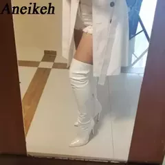 Aneikeh-sexy sobre as botas do joelho com zíper lateral para as mulheres, dedo apontado sapatos, saltos finos listrados, nova moda, primavera, 24 - comprar online
