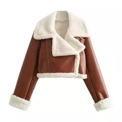 Jaqueta de shearling falso feminina, casaco de pele de carneiro, jaquetas retrô motociclista, tops, inverno na internet