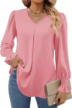 Nova camisa feminina de chiffon de cor sólida com decote em v pulôver queimado manga comprida camisa superior senhora do escritório elegante cáqui blusas soltas - comprar online