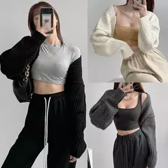 Cardigã curto solto de malha feminino, suéter ultra curto, casaco de manga comprida, monocromático, top curto, sexy, outono
