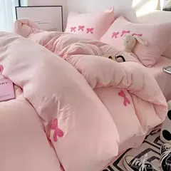 Cute Pink Bows Embroidery Duvet Cover Set, Conjuntos de cama 3D Confortável Rainha Consolador, capas macias para meninas, crianças, adolescentes na internet