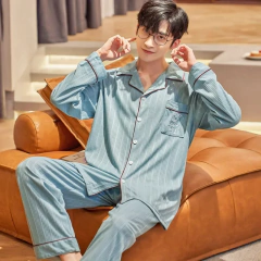 Conjunto de pijama masculino 100% algodão manga comprida solto casual outono/inverno temporada cardigan pijamas - loja online
