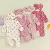 Pudcoco-macacão de bebê menina com estampa de coração, manga comprida para os pés, com zíper e bandana de 0 a 6 anos