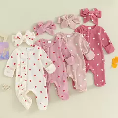 Pudcoco-macacão de bebê menina com estampa de coração, manga comprida para os pés, com zíper e bandana de 0 a 6 anos