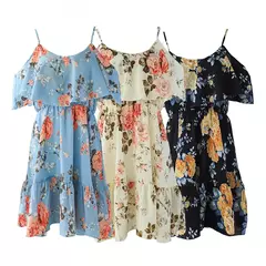Vestido de deslizamento estampado fora do ombro feminino, babado, alça, mini vestido, floral, sem costas, curto, praia, verão, 2024 - comprar online