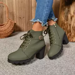Botas de salto alto com renda para mulheres, plataforma de fivela, sapatos de couro artificial, moda feminina, 2024 - Wolf Magazine
